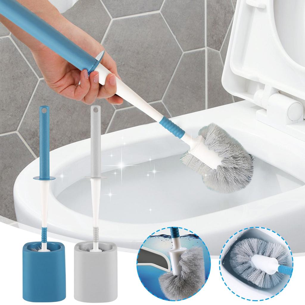 Long handle toilet brush set with base no dead ends cleaning space-saving bathroom toilet brush gray