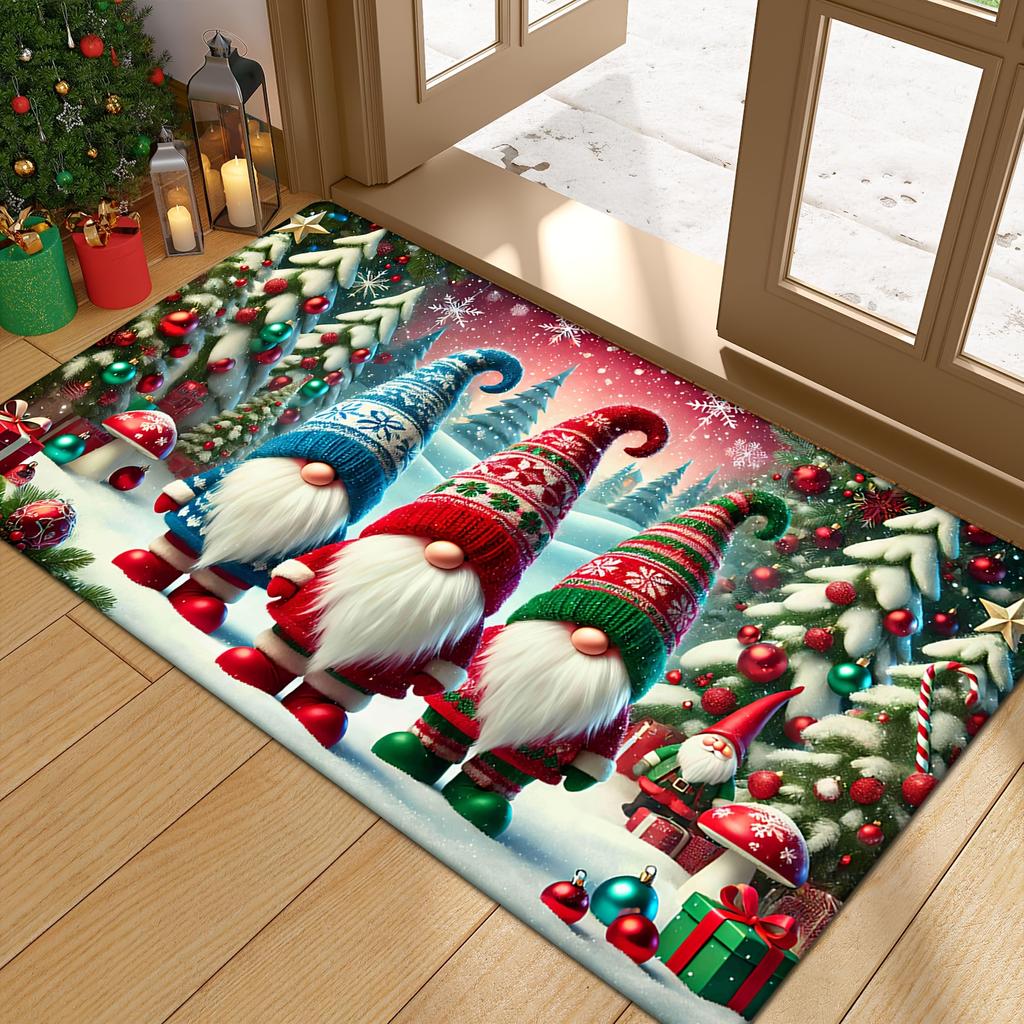 Christmas Gnome Flannel Door Mat Carpet, Skid Pad Design Non-Slip for Kitchen Living Room Bedroom Bathroom Decor