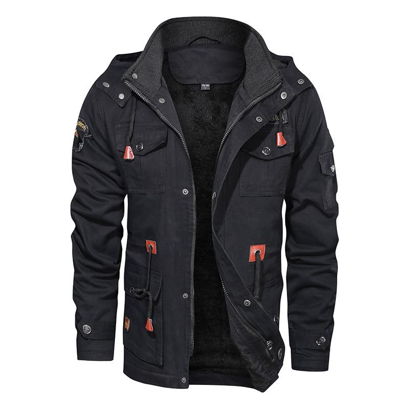 Autumn Winter Men's Cotton Wash Jacket Detachable Hooded and Fleece Thickened Mid-length Jacket for Men