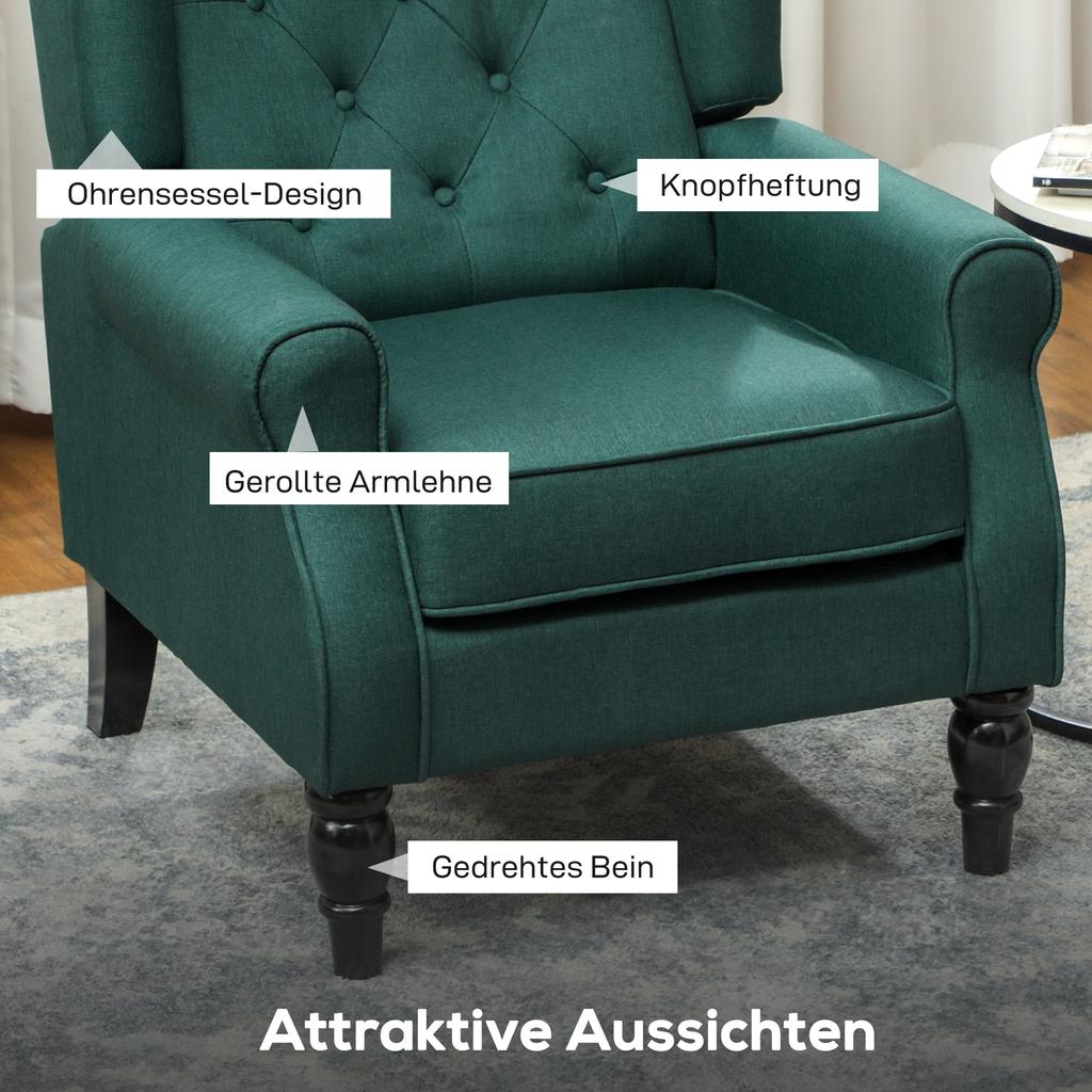 Wingback Accent Chair, Retro Upholstered Button Tufted Occasional Chair for Living Room and Bedroom, Dark Green