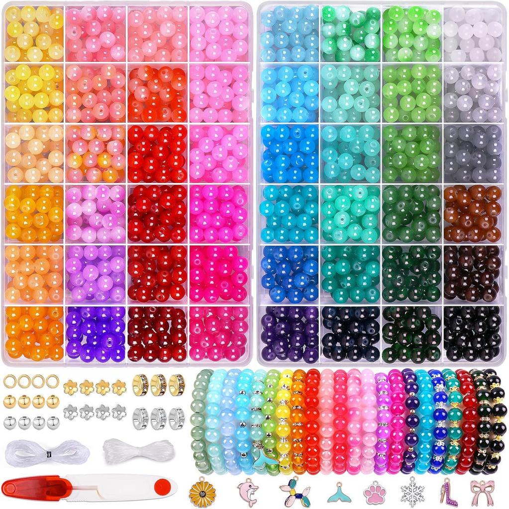 Scatola Doppia 48 Colori 1700 Pezzi Perline di Vetro da 8 mm Perline Rotonde, Kit per la Creazione di Braccialetti dell'Amicizia, Accessori per Gioielli Fai da Te