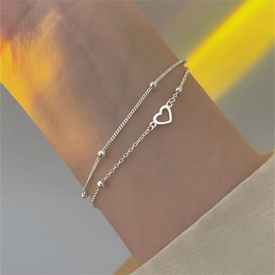 Trendy 925 Sterling Silver Bracelet for Women Jewelry Exquisite Heart Double Layer Bracelets Female Summer Beach Accessories New