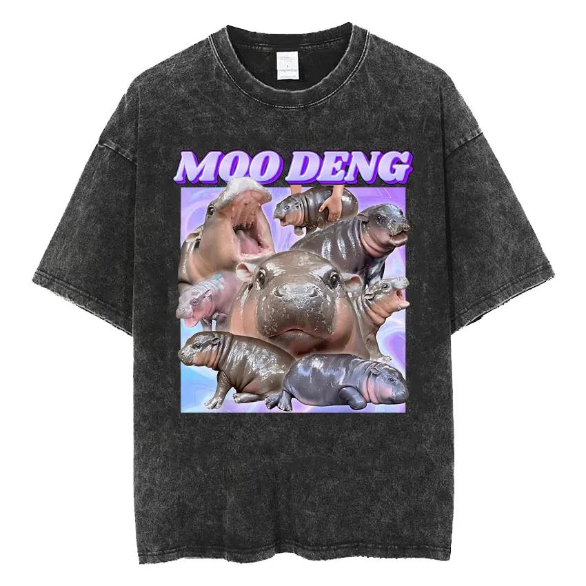 Cute Hippo Moo Deng Rap Vintage Washed T Shirt Funny Meme T Shirts Men Women Fashion Oversized Cotton T-shirt Streetwear