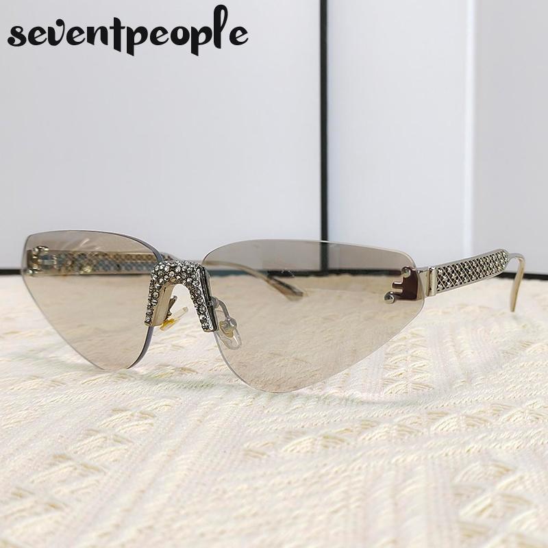 Rimless Rhinestones Punk Sunglasses Women Luxury Brand Design Vintage Metal Small Frame Sun Glasses For Ladies Eyewear