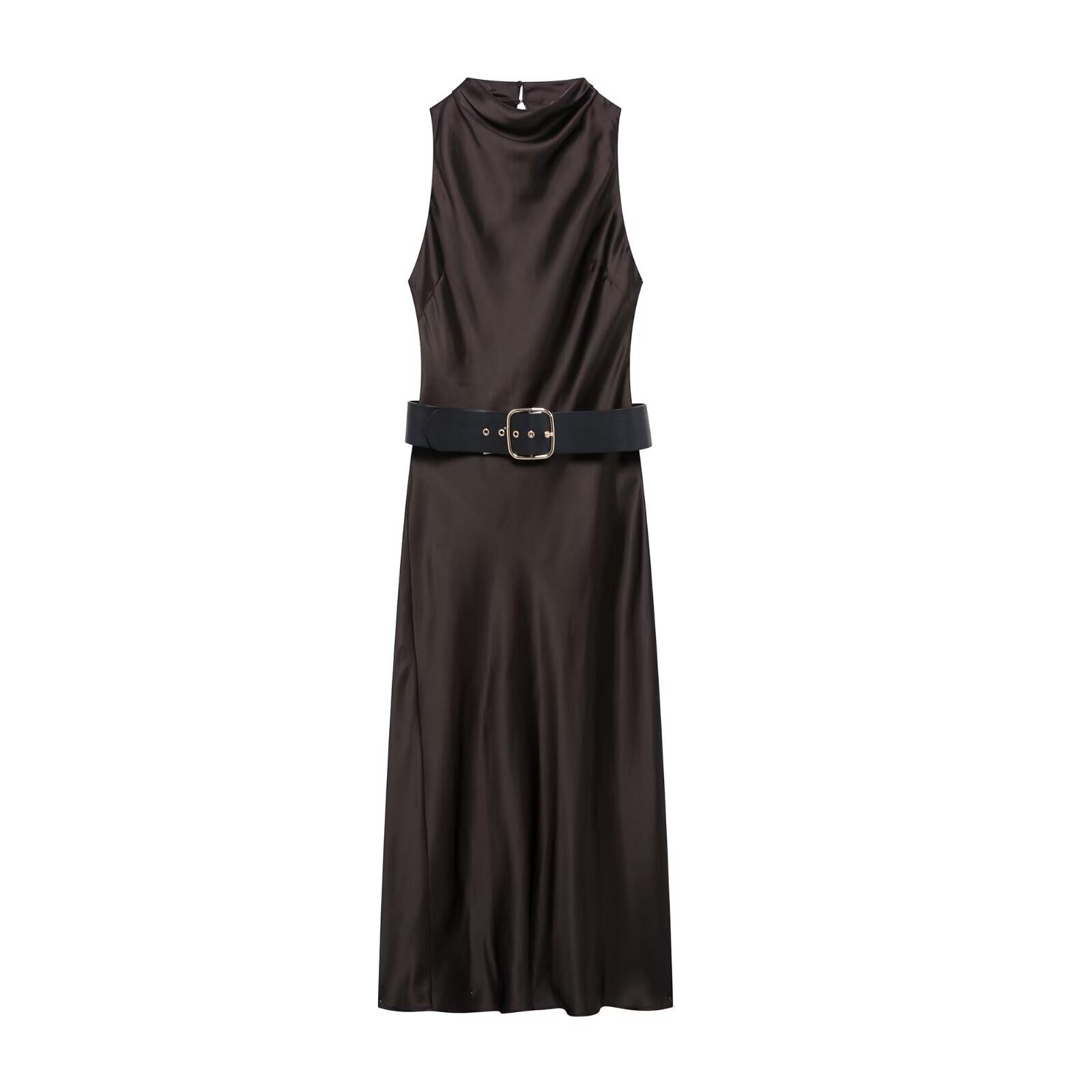 

Spring 2025 Women s Sleeveless Slim Fit Silk Satin Belted Long Dress XS