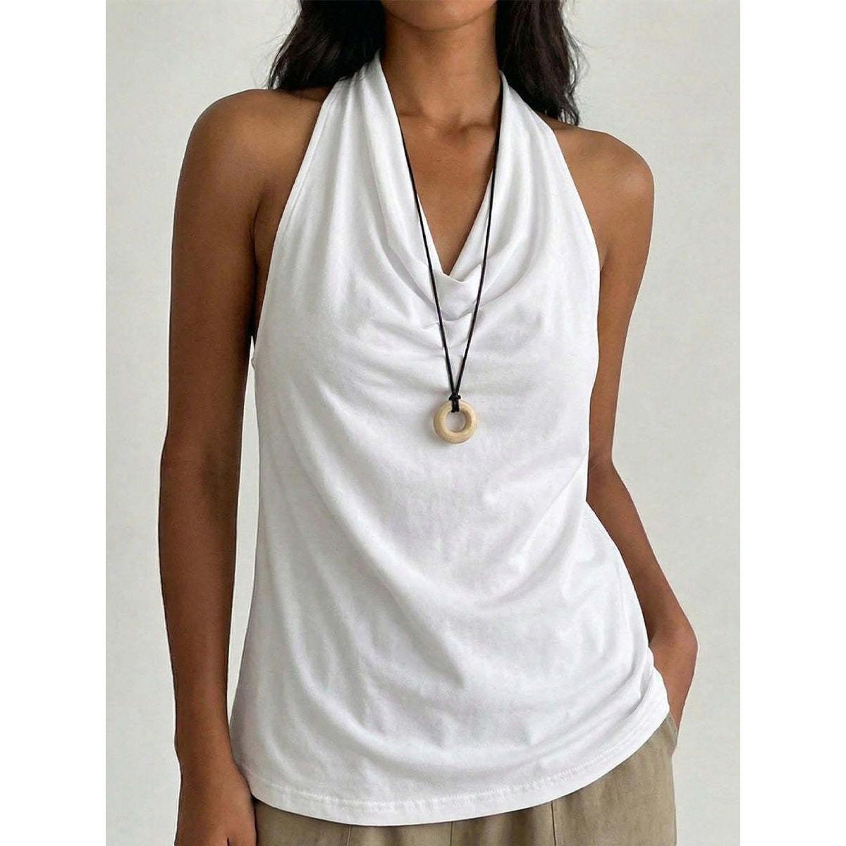 Women s Cowl Neck Halter Tank Top Sleeveless Solid Color Casual Blouse S