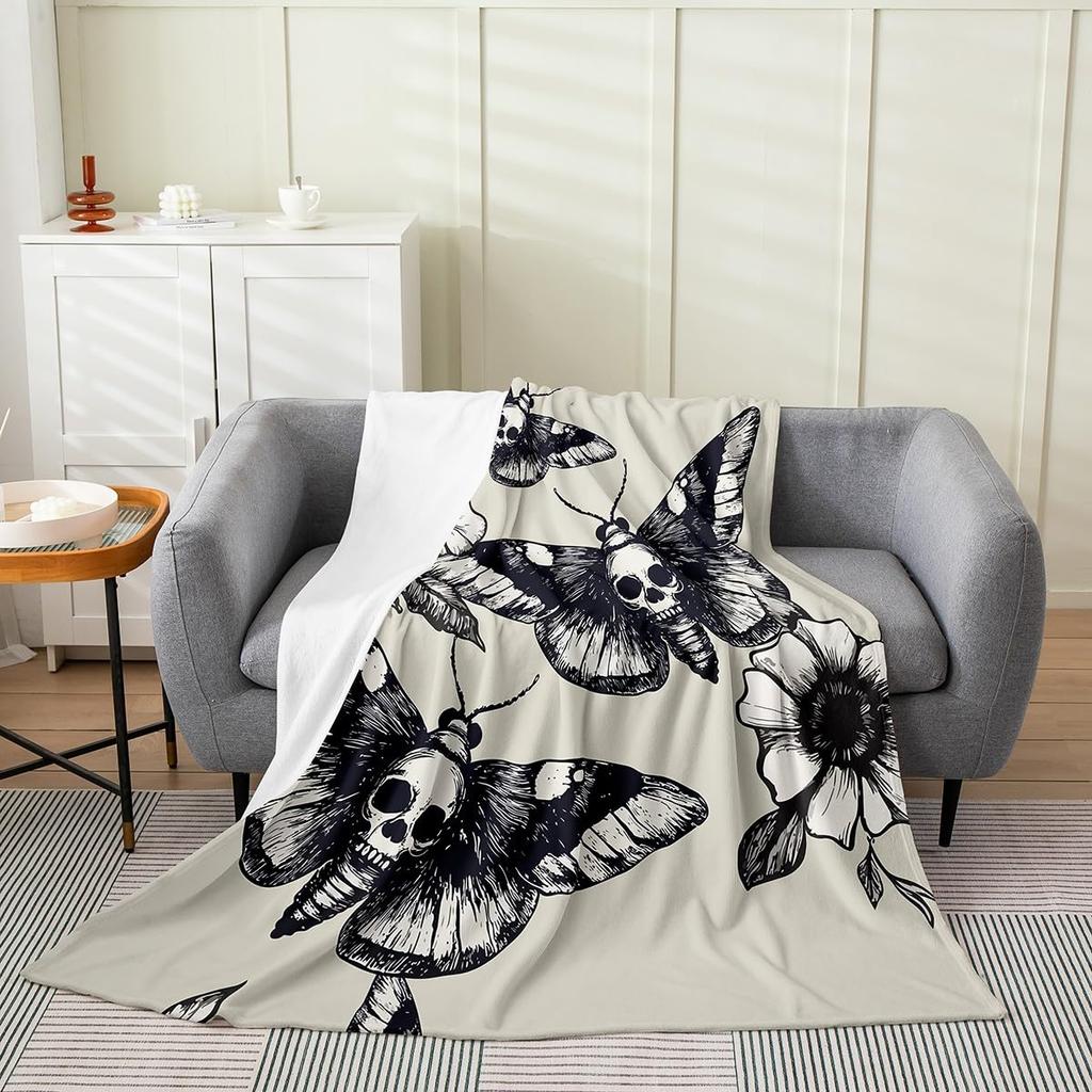 Death Moth Throw Blanket for Boys Girls Adult,Gothic Death Skull Flannel Blanket Lightweight Warm Baby,Youth Bohemian Fleece Blanket Ultra S