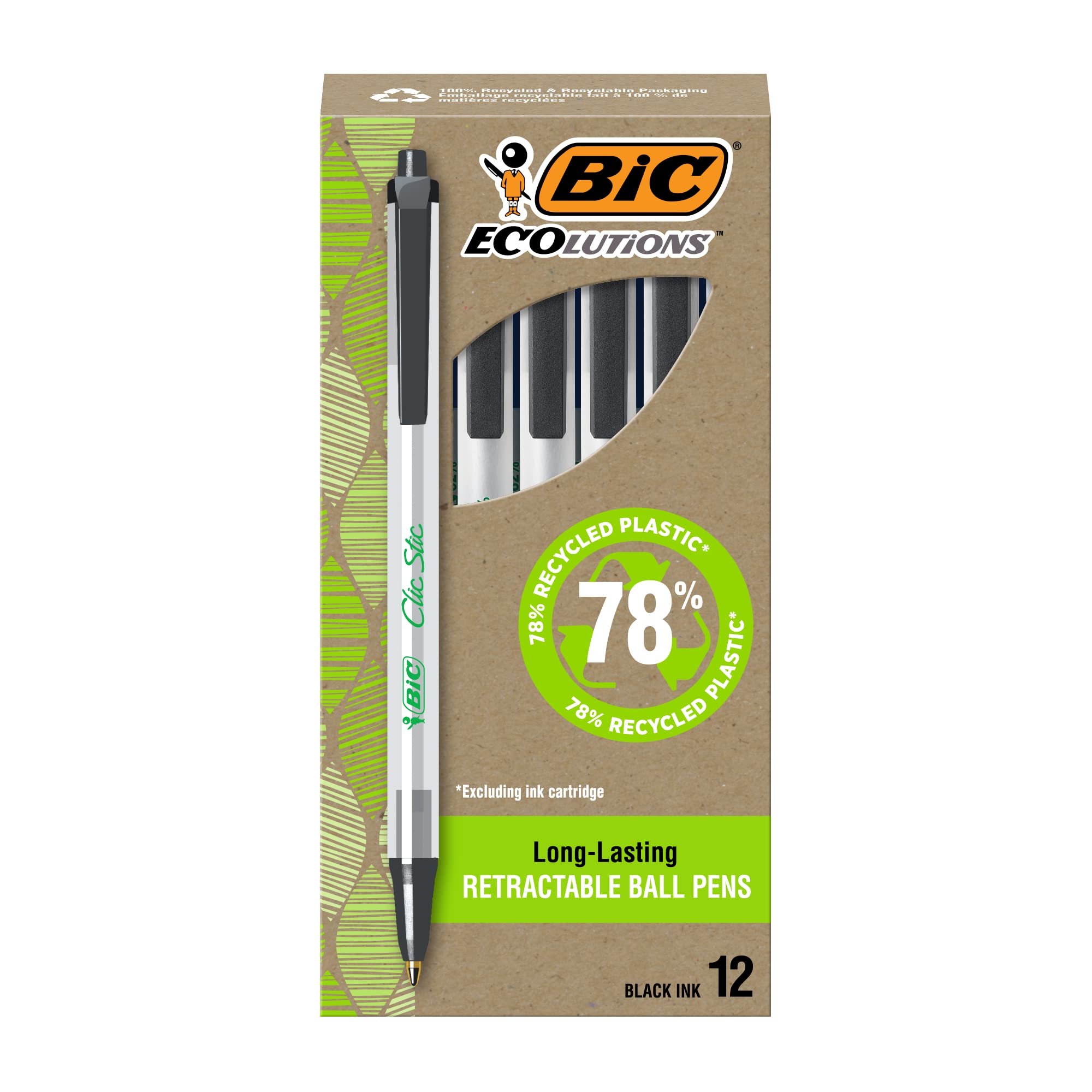 

Bic Ecolutions ClickStick Ballpoint Pack of Pens, 1.0 mm, Oil-Based, Black, 12, ECSBLK-B12