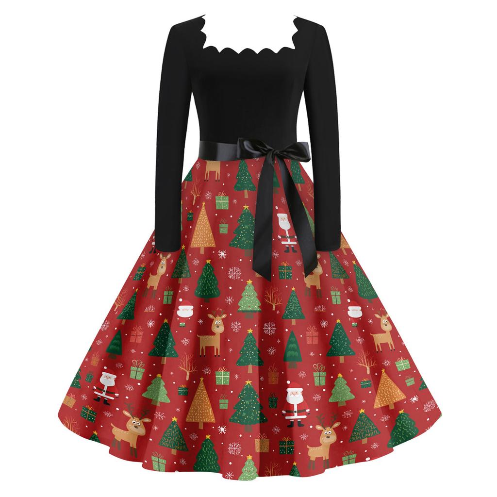 Women's Casual Fashion V Neck Christmas Printed Vintage Dress