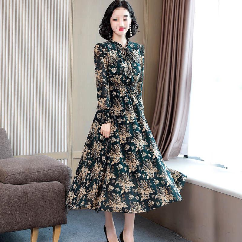 Women's Floral Chiffon Dress: Plus Size, Long Sleeve, Slimming Waist, Spring & Autumn Style