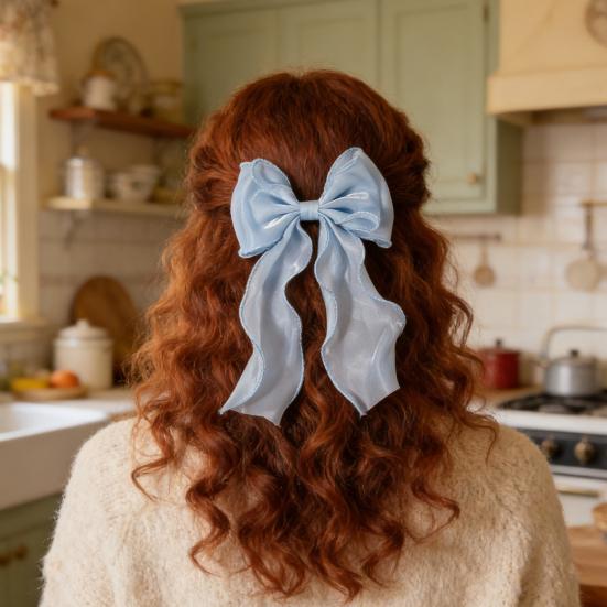 Women Hairpin Cartoon Bowknot Long Ribbon Decor Back Head Hair Clip Hair Styling Tool Hair Accessory