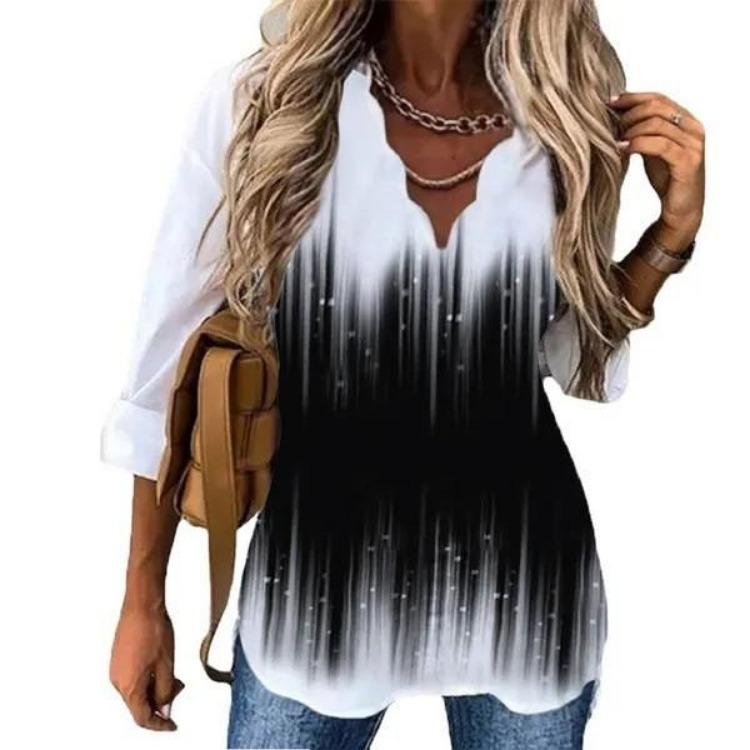 European American Women Printed Long Sleeve Shirt with Wave Collar Summer