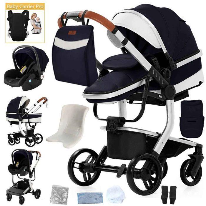 Poussette 3 en 1 Bébé Combinée Siège-Auto Nacelle Trio Réversible cuir pu Roues increvables Canne.NOIR BLANC ARGENT