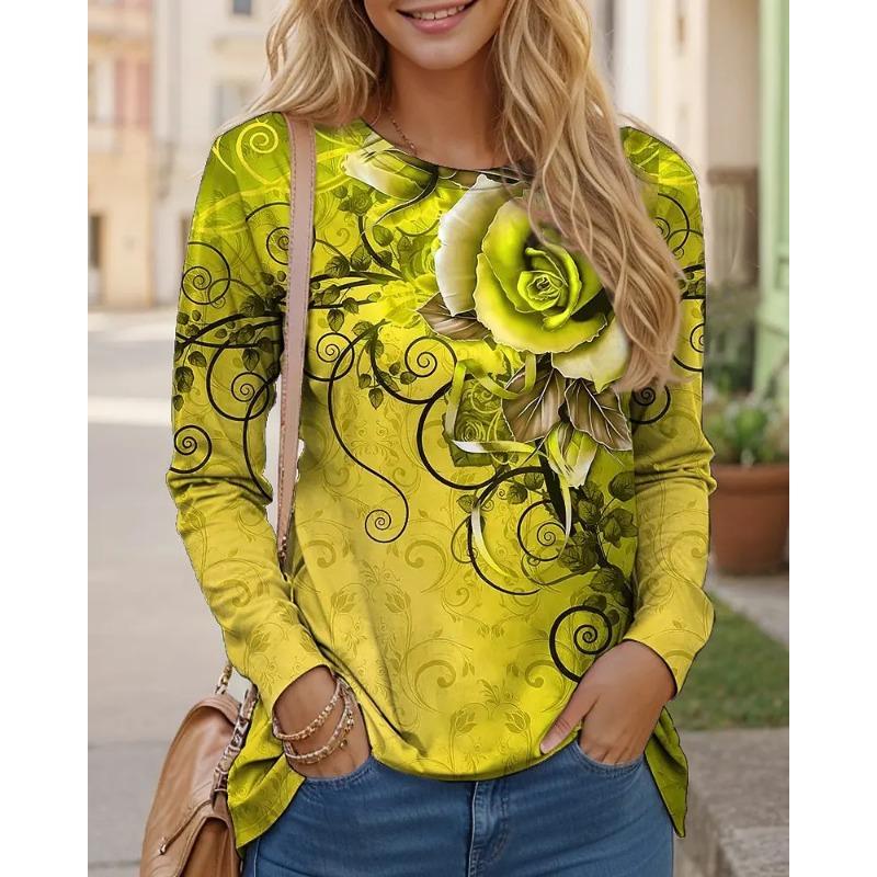 

Long Sleeve Floral Pattern Gradient Women T-Shirts Spring Autumn 3D Flower Printed Street Casual Tops 5XL