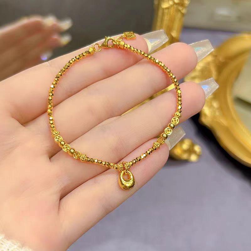 Golden Nuggets Women's Gold Disco Ball Beaded Bracelet - Crushed Silver Ancient Design Jewelry
