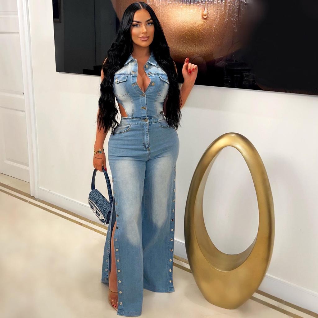 Slim Fit Elastic Washed Denim Jumpsuit