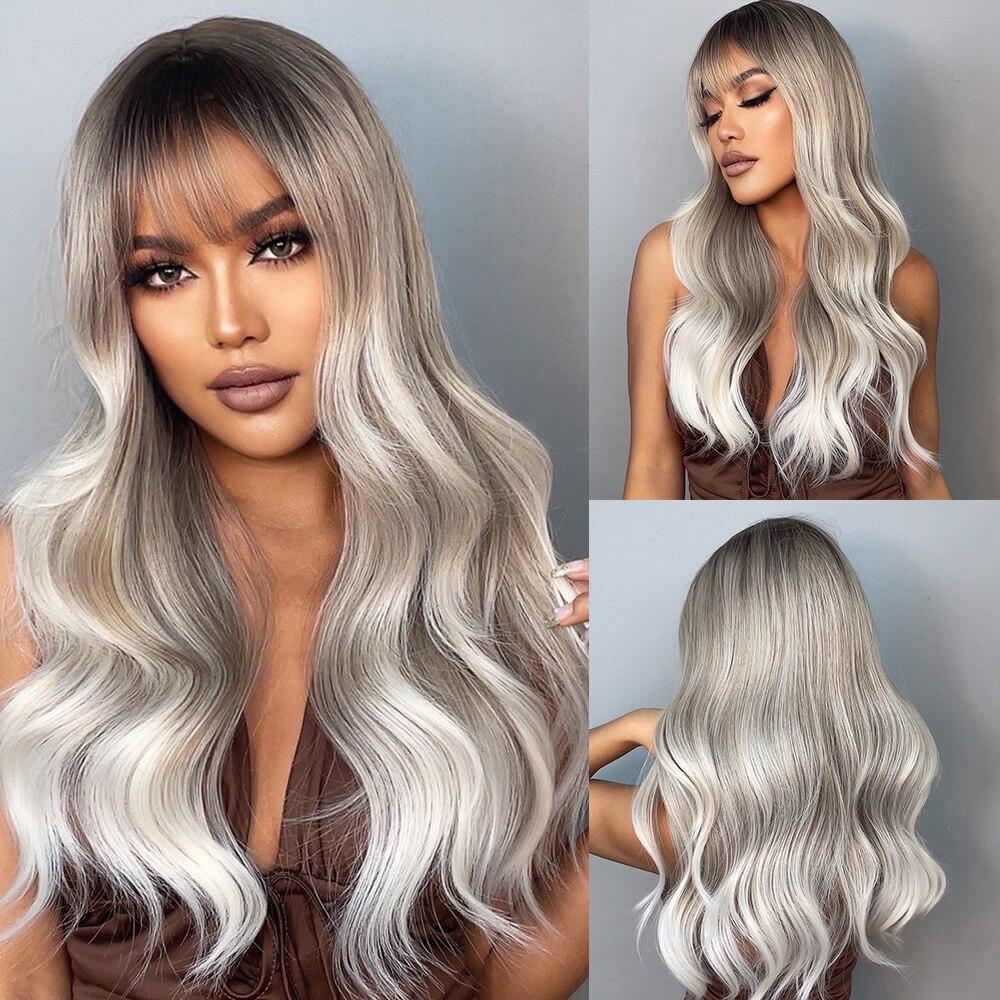 EASIHAIR Long Wavy Brown Synthetic Wigs Middle Part for Women Blonde Highlighted Natural Hair Wigs Heat Resistant Cosplay Wigs