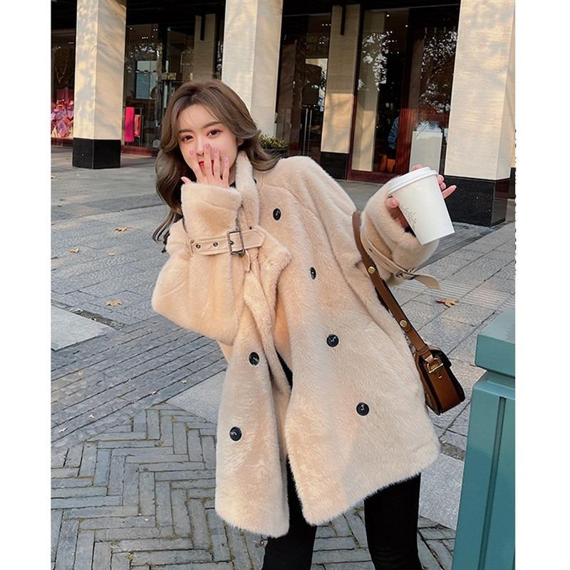 Fur Integrated Imitation Fur Coat Women's Medium and Long Loose Fashion Double-breasted Plush Thick Coat