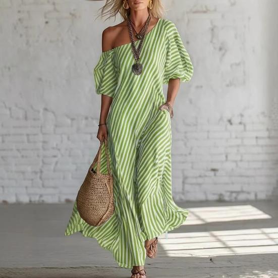Damen Gestreiftes Off-Shoulder Maxikleid Kurzarm Lässig Party Cocktailkleid Sommer Strandurlaub Fließendes Kleid