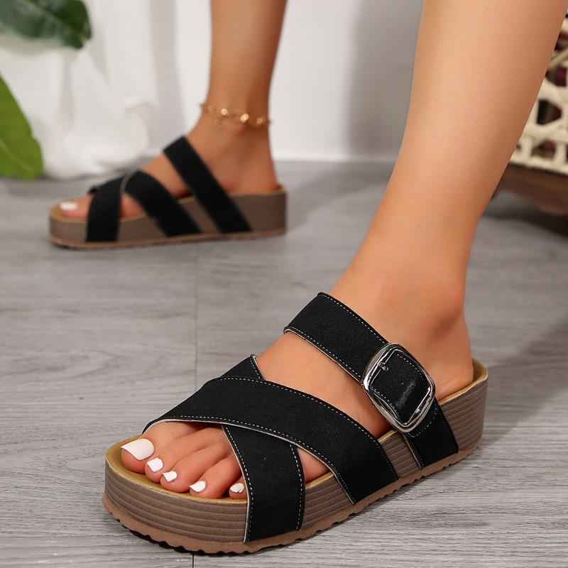 2024 Fashion Solid Color Open Toe Summer Women's Slippers Thick Sole Medium Heel Versatile Women's Slippers Zapatos De Mujer