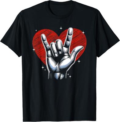 Ich liebe dich Handzeichen Rock Geste Herz Grafikdruck Kurzarm T-Shirt Lässiges Tägliches Baumwoll-T-Shirt