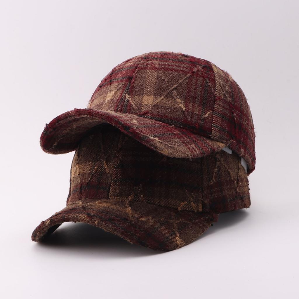 Plaid baseball cap Plaid woolen warm ripped cap European and American literary and retro sun hat