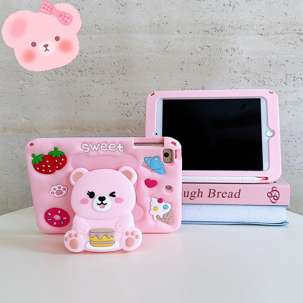 Cute Strawberry Bear Case for iPad Applicable to Samsung tablet and Redmi pad 2 SE 9.7 8.7 11" silicone case with pen slot Cute girl Kids tablet case