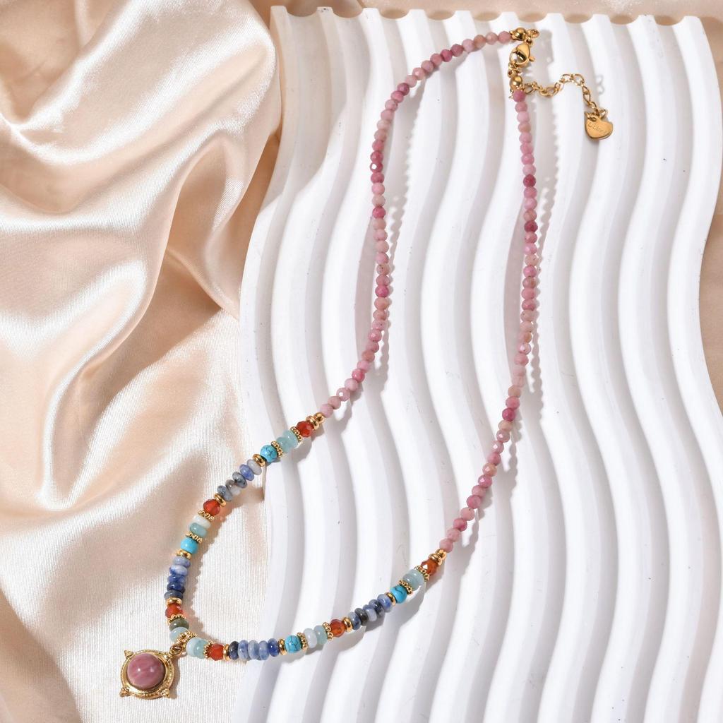 Colorful Natural Stone Pink Veined Beaded Necklace - Women's Light Luxury Fashion Clavicle Chain