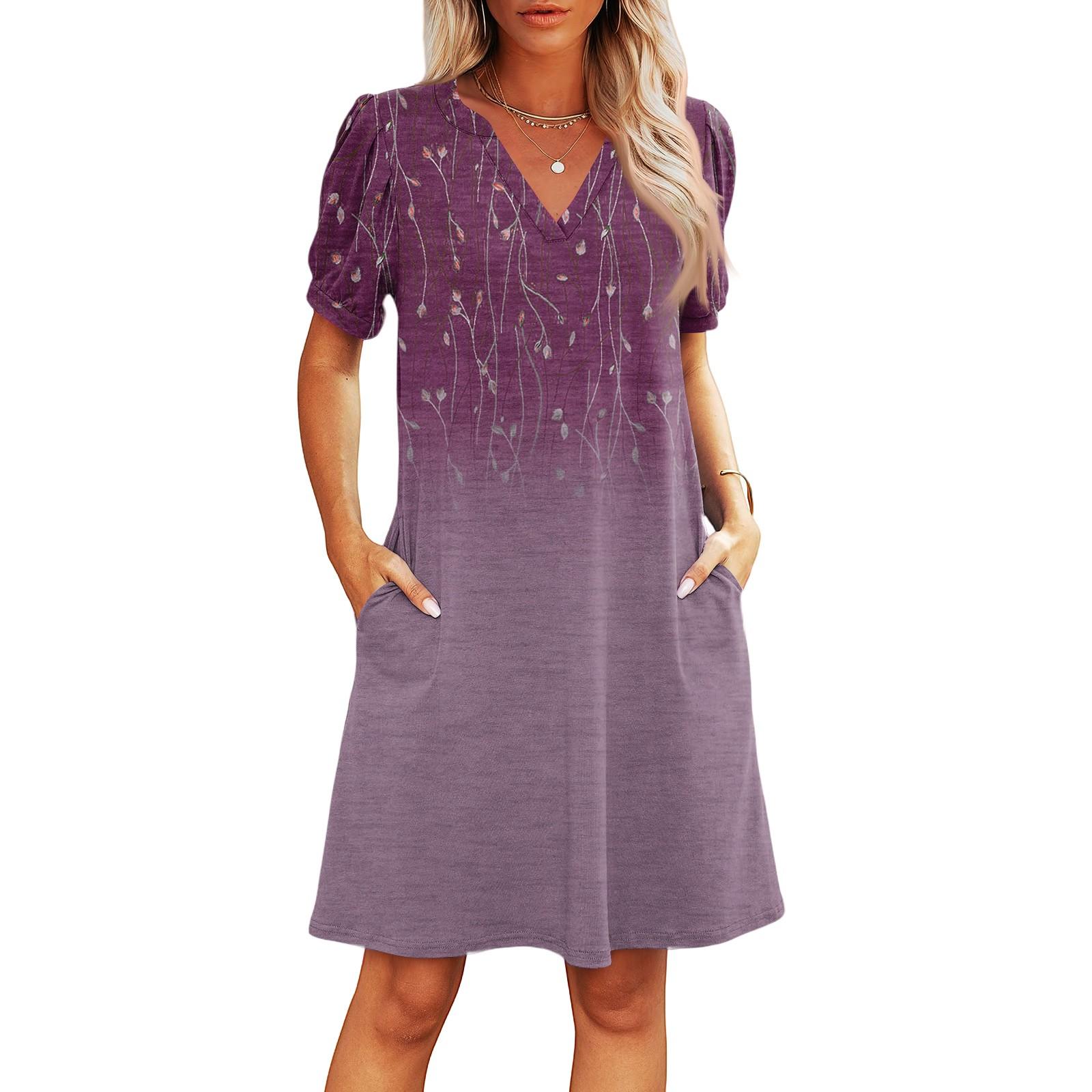 

Женские летние платья с V-образным вырезом, повседневные пляжные платья, платья с коротким рукавом, платья с винтажным цветочным принтом XL фиолетовый
