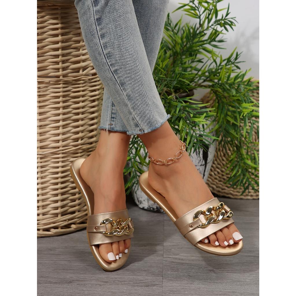 Women's Shoes, Fashionable Slippers for Ladies, Solid-colored Metal Decorations, Square-toed Flat Shoes, Comfortable Solid-colored Simple Slippers