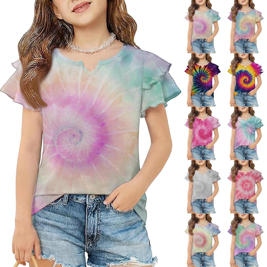 Girls V Neck Ruffle Sleeve Tie Dye Print Short Sleeve T Shirt Casual Top for Kids Summer Wear Soft Fabric Comfortable Fit