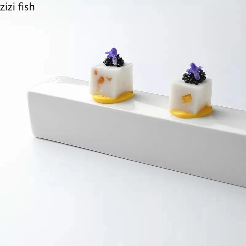 Pure White Ceramic Long Strip Plate Square Dessert Plate Sushi Plates Snack Plates Molecular Cuisine Specialty Tableware
