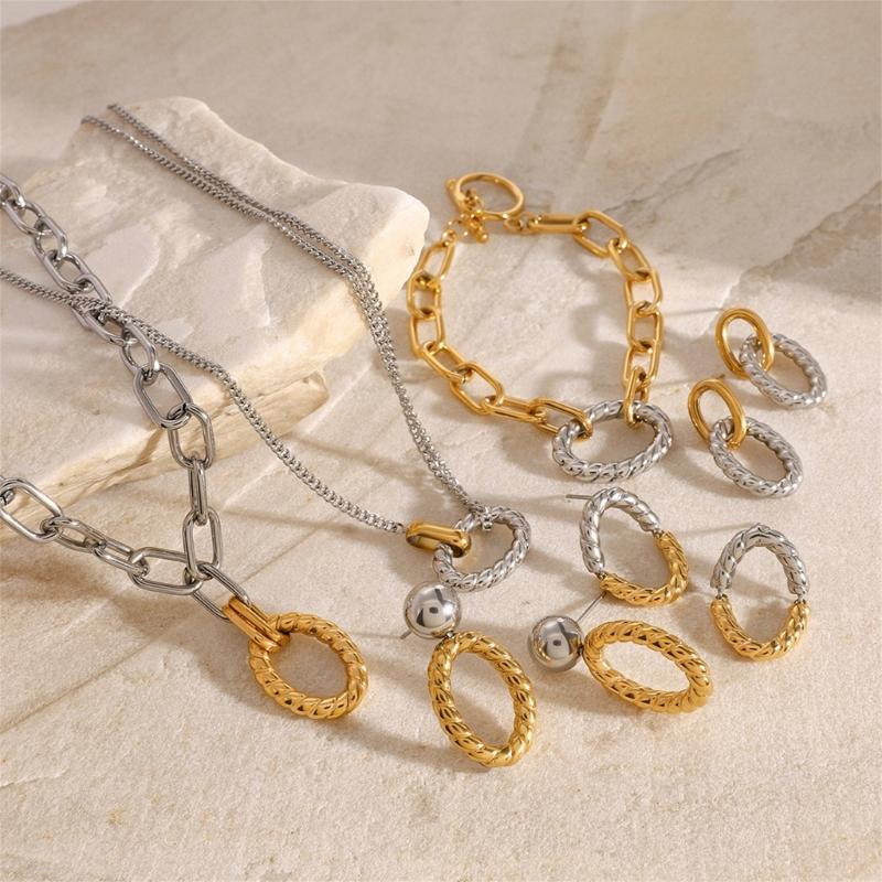 Elegant Stainless Steel Texture Jewelry Set with Round Stripes Designs Includes Necklace Earrings and Bracelet