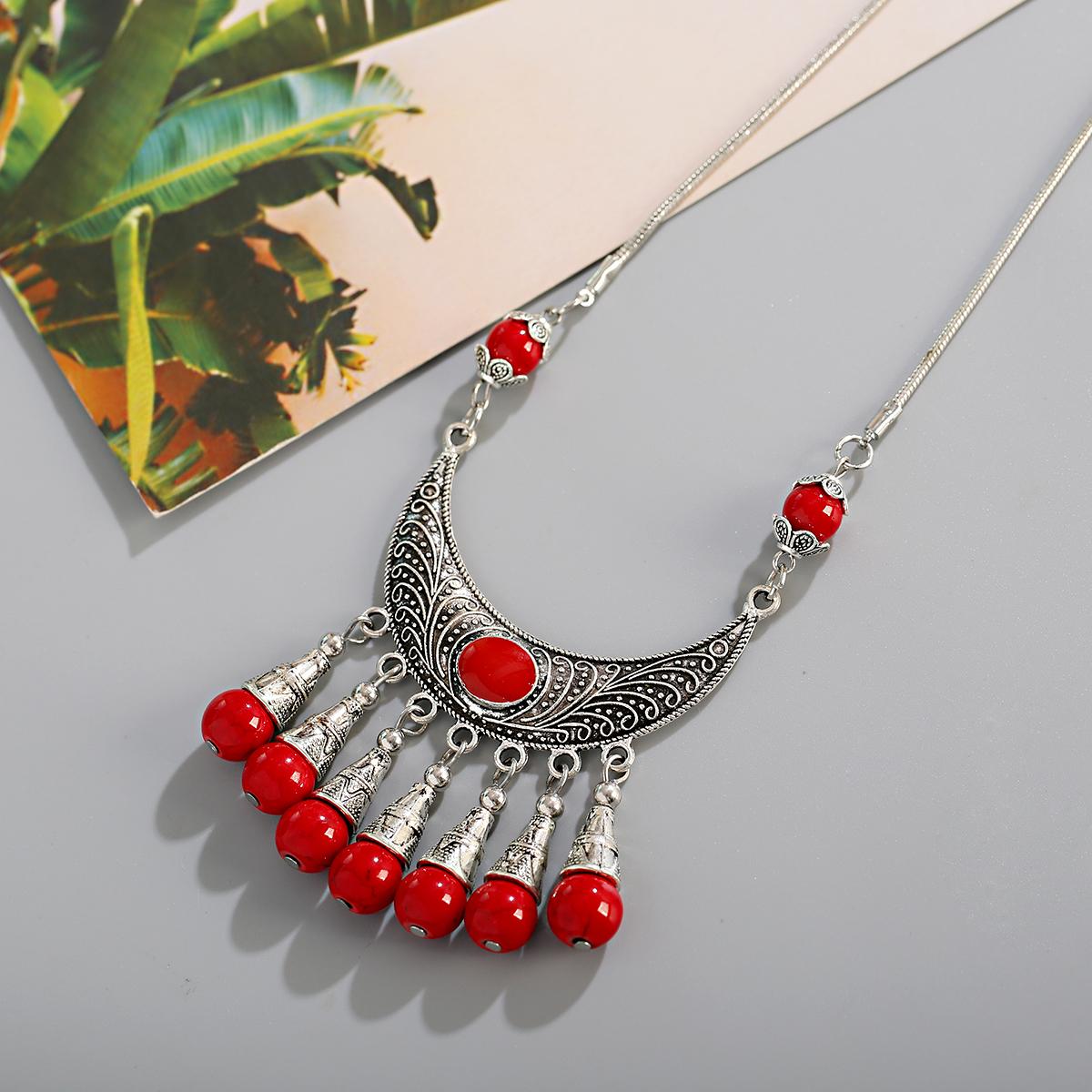 

Богемское Винтажное Этническое Ожерелье с Листом, Красным Камнем и Кисточкой для Женщин, Цыганское Серебристого Цвета, Ожерелье на Длинной Цепочке для Девочек, Тибетский Циркон