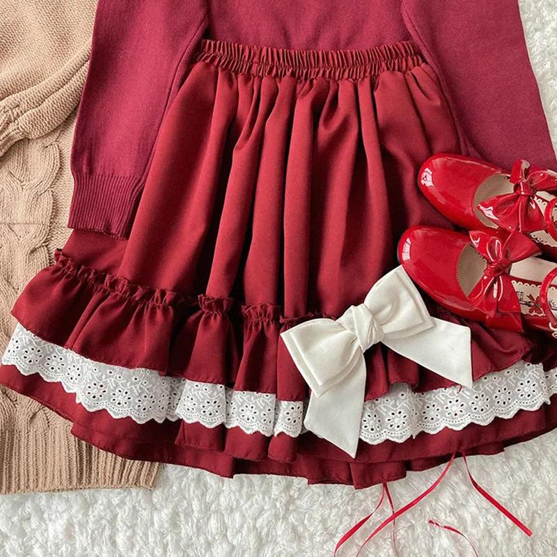 

WTEMPO Kawaii кружевные юбки Лолиты женские Harajuku винтажные рюши в стиле пэчворк мини-юбки с эластичной резинкой на талии мягкая японская уличная одежда для девочек One Size красный