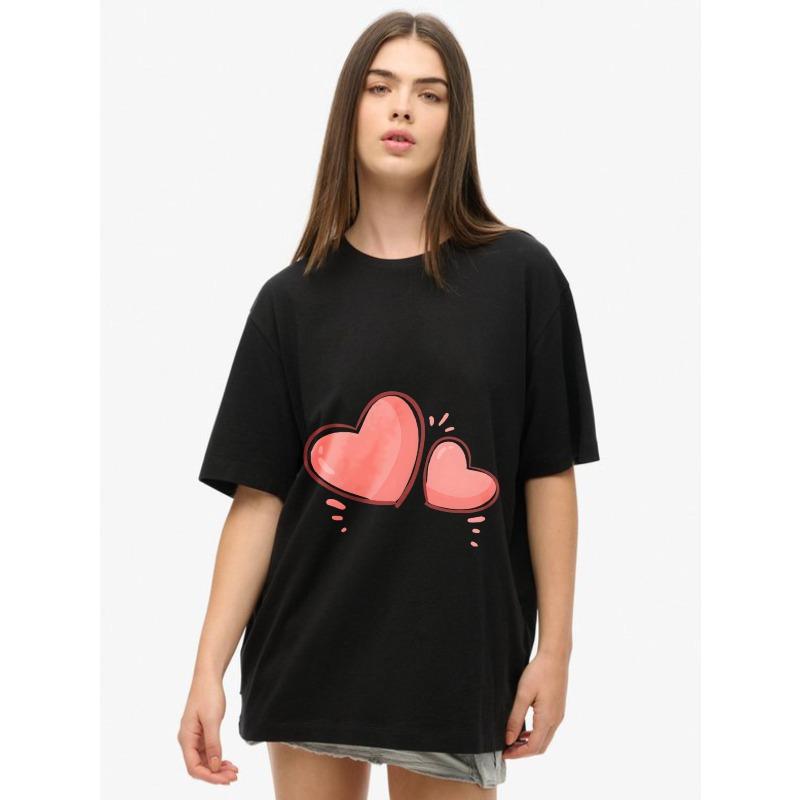

Женская футболка с коротким рукавом с милым мультяшным принтом в виде двойного сердца розового цвета XXXXL чёрный