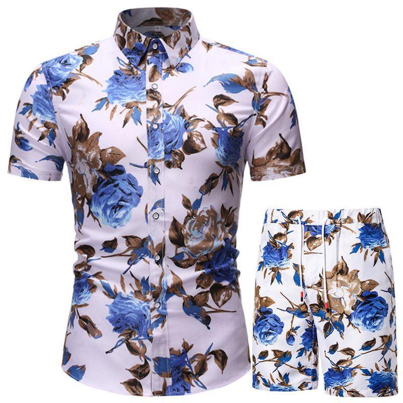 Hawaiian Beach Flower Shirt Short Sleeve Men's Large Size Shirt Shorts Printed Two-piece Suit