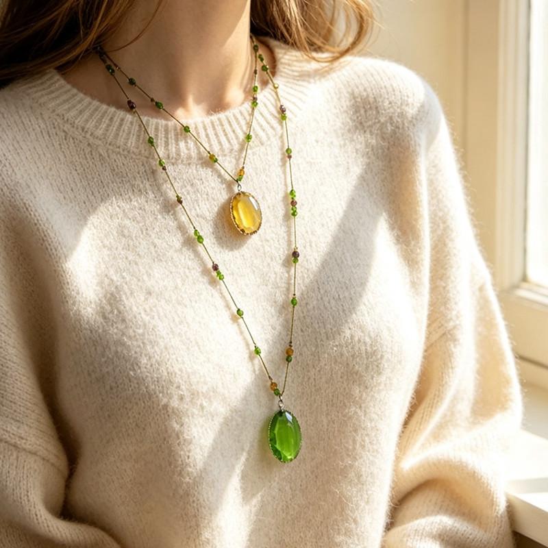 Statement Big Oval Crystal Long Pendant Necklace For Women Creative New Green Champagne Color Sweater Chain Wholesale