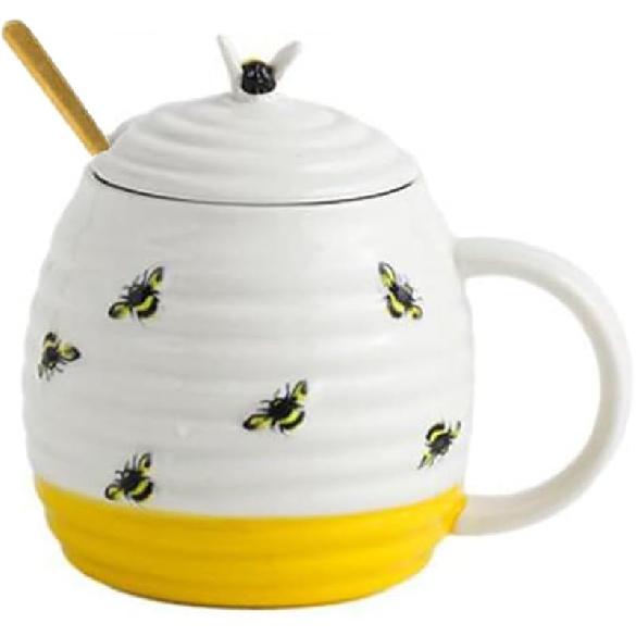 123Arts Ceramic Mug, Ladybug Coffee Mug with Spoon and Lid, Stripe Relief Cup, Water Cup