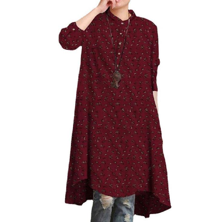 2026 New Women s Vintage Floral Print Long Sleeve Loose Long Top S красный