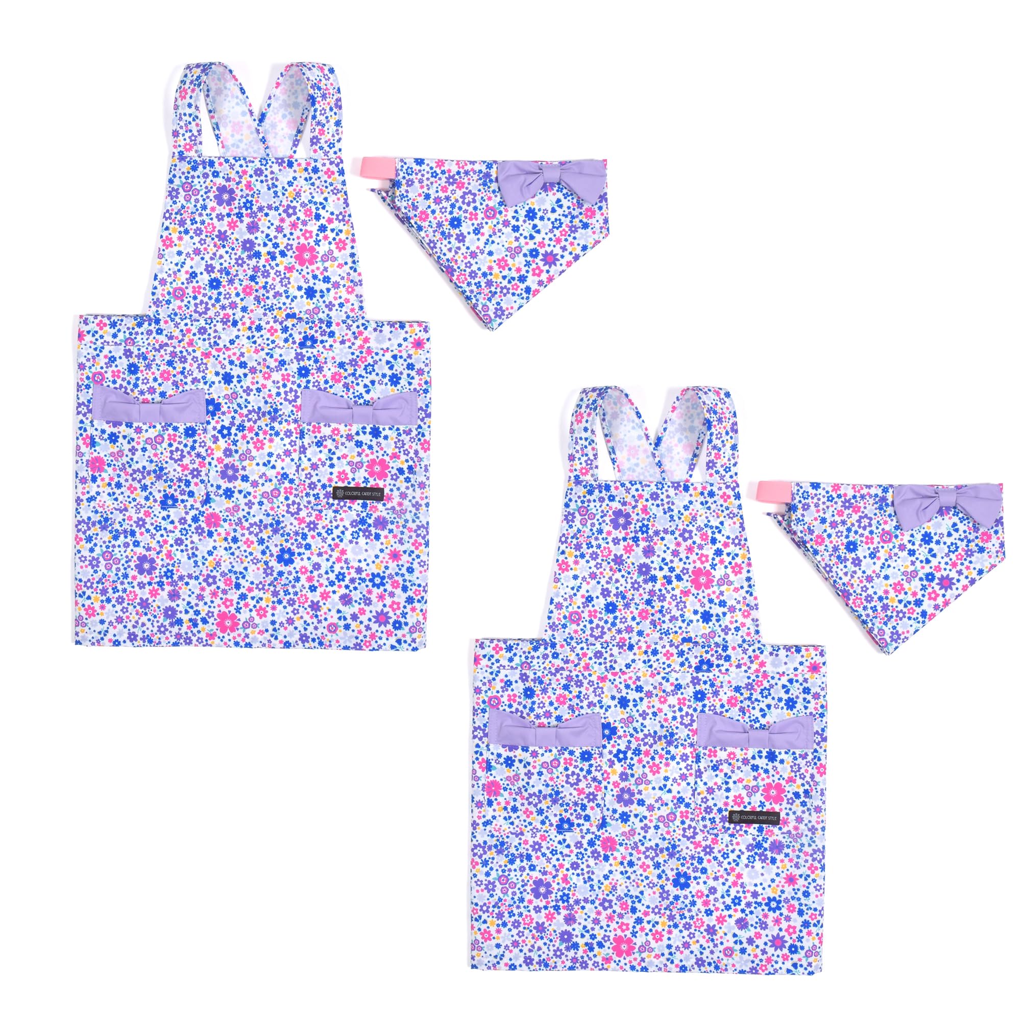 

COLORFUL CANDY STYLE Back Cross Apron Water Repellent No Iron Airy Shower with Flower Pattern 2 Piece Set Girls Cute Kids Apron Triangle Scarf Set