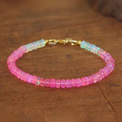 Pink Shaded Opal Beads Bracelet, Multifire Opal Beads Handmade Bracelet, Natural Opal Beaded Bracelet, Opal Birthstone Jewelry, Gift for Her