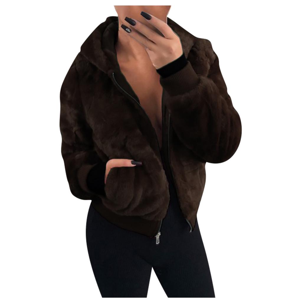 Dammode Casual Huva Dragkedja Fickor Enfärgad Långärmad Plyschkappa