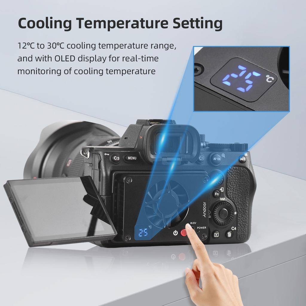 Andoer FS-04A Wentylator chłodzący kamerę Zewnętrzny układ chłodzenia z regulacją temperatury Wyświetlacz OLED 4szt