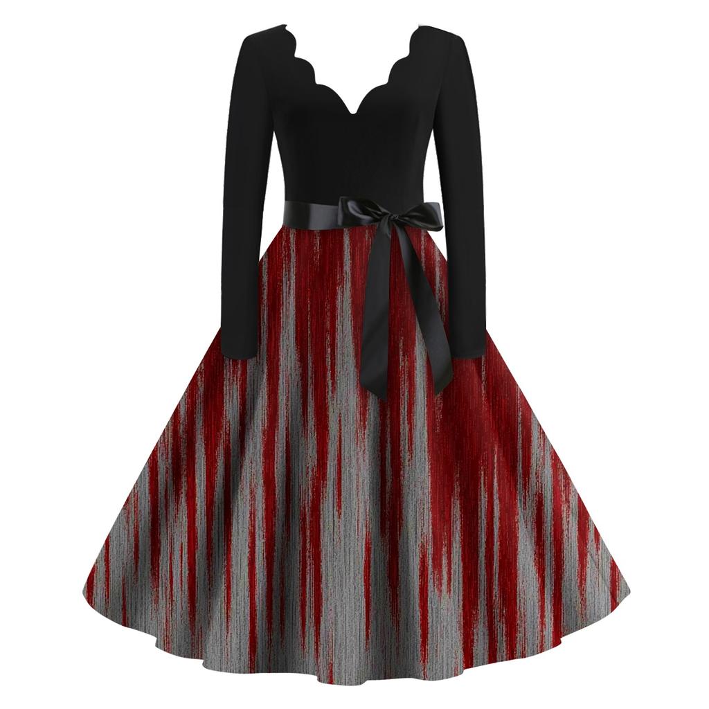 Women's Casual Fashion Halloween Printed V-Neck Vintage Dress