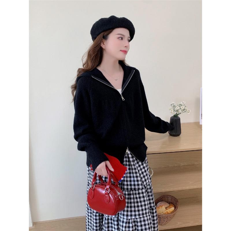 Autumn and winter new loose lazy soft waxy hooded double zipper knitted cardigan women's simple casual versatile sweater jacket