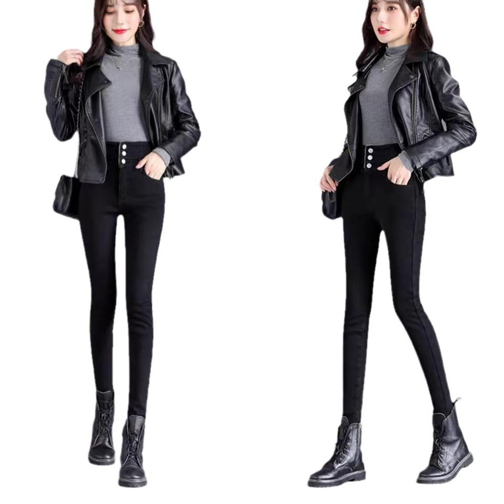 Women's High-Waisted Fleece-Lined Slimming Pencil Jeans - Autumn/Winter 2024 Straight-Leg Pants
