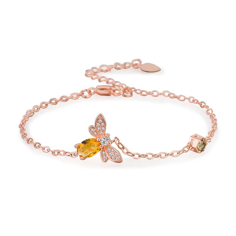 

Gold Plated Bee Charm Bracelet, Natural Citrine & Peridot Zircon Wristband Bee Bracelet [Rose Gold]