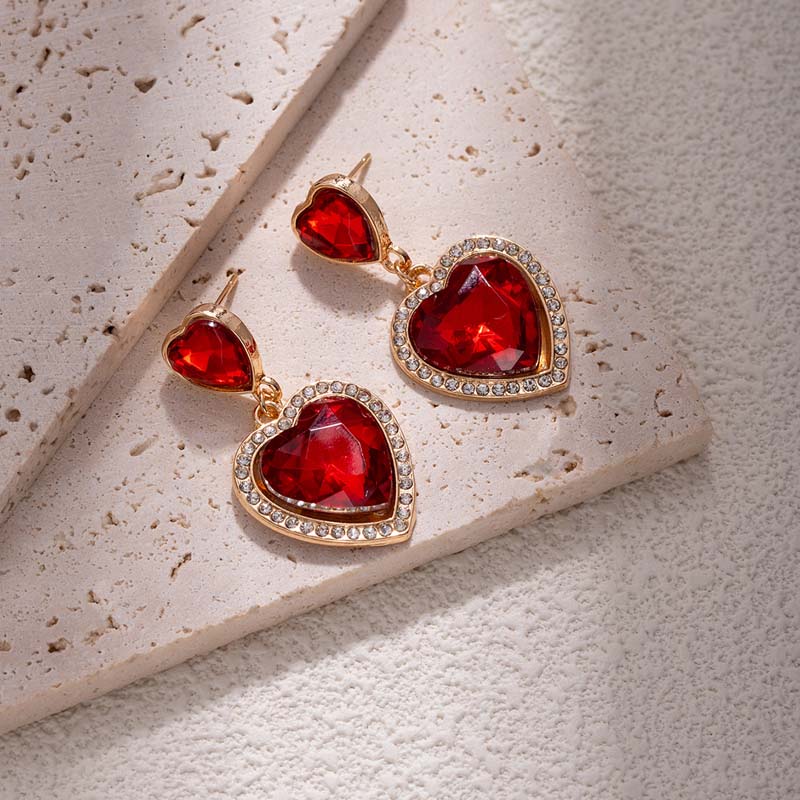 Fashion Red Zircon Heart Drop Earrings for Women Sweet Crystal Geometric Love Temperament Earrings Wedding Jewelry Accessories