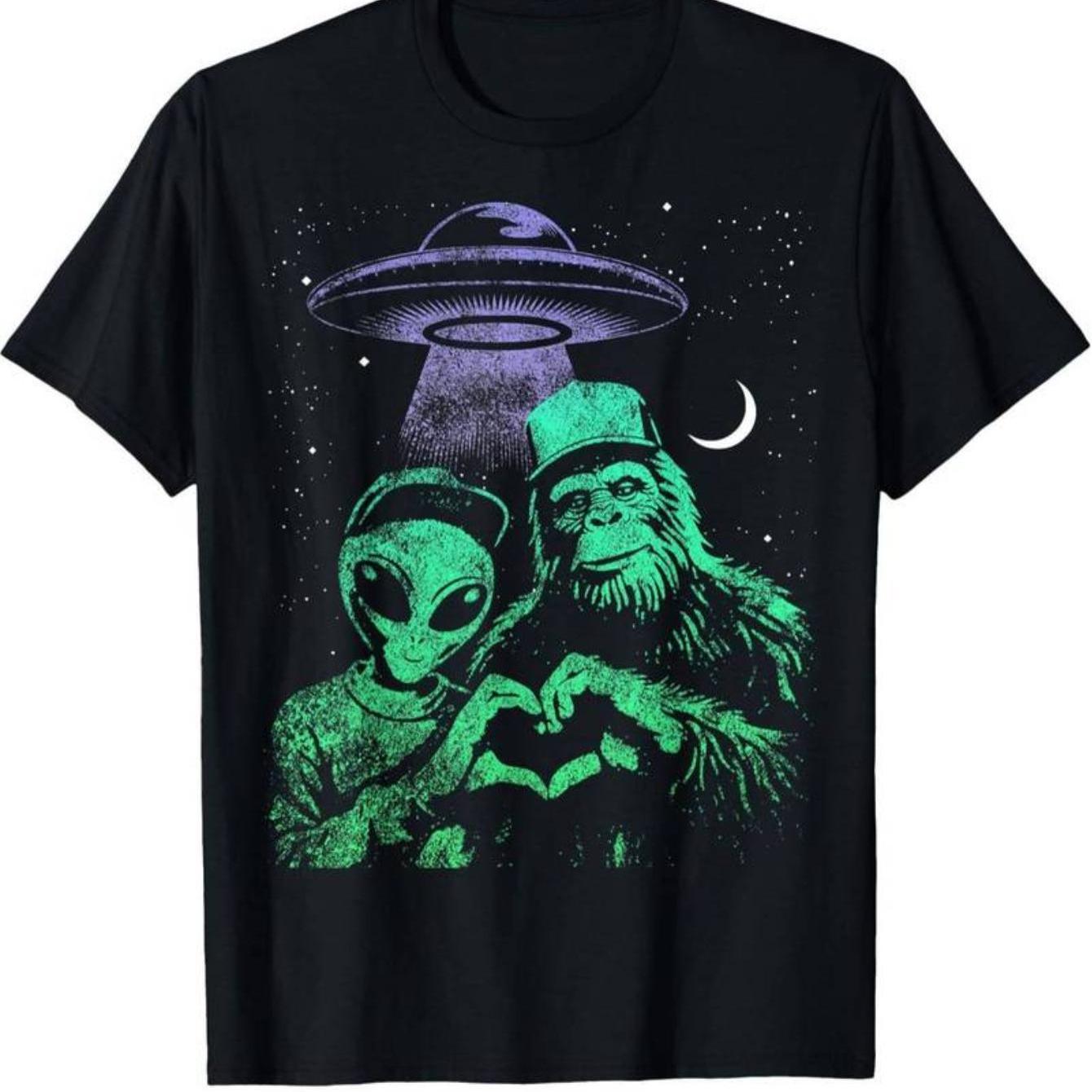 

Fun Womens Tshirt Printed with Heartshaped Hands Bigfoot and Alien Designs Casual Black Shortsleeved Tshirt Personality 4XL